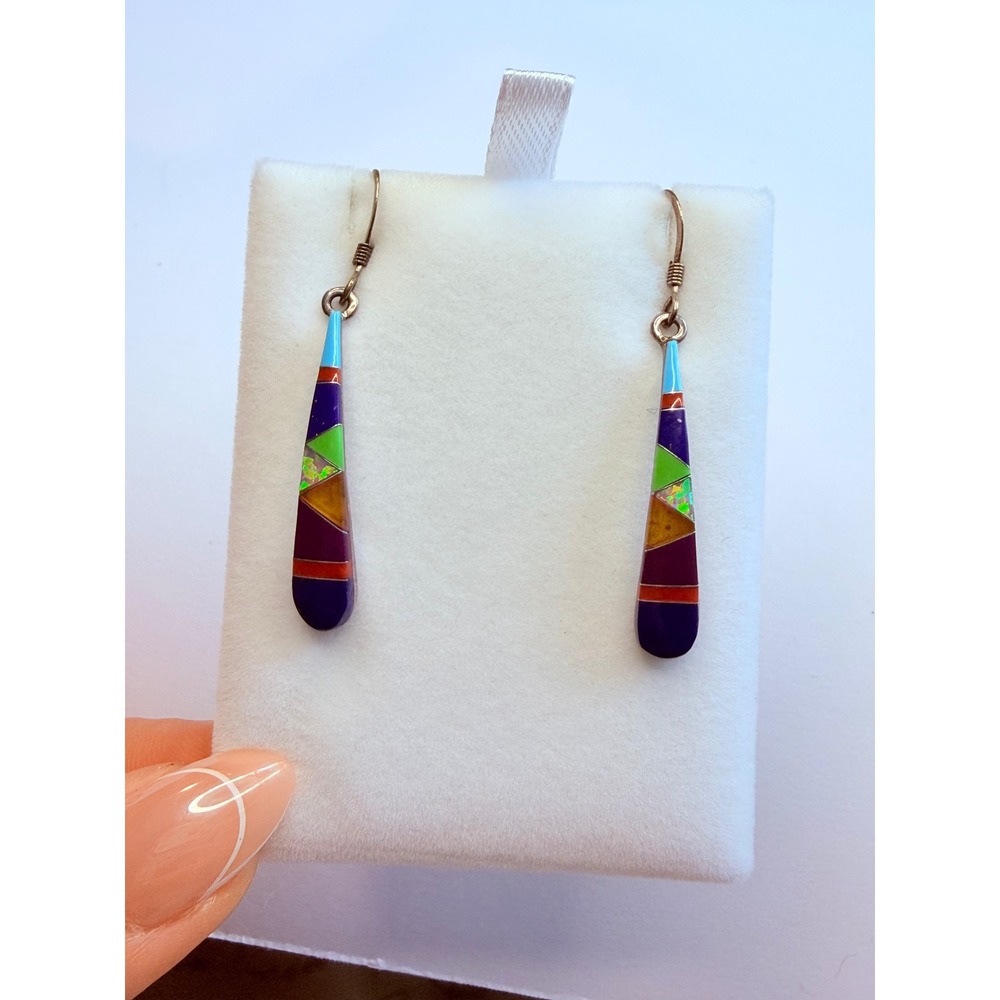 925 Mexico Sterling Silver Multistone Inlay Dangle Earrings Opal Turquoise Lapis